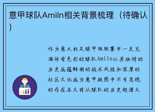 意甲球队Amiln相关背景梳理（待确认）