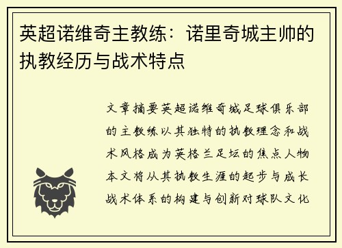 英超诺维奇主教练：诺里奇城主帅的执教经历与战术特点