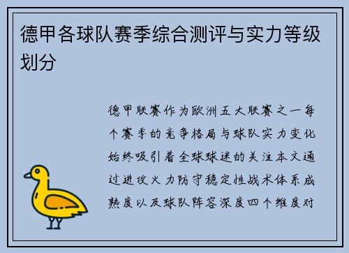 德甲各球队赛季综合测评与实力等级划分