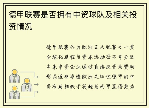 德甲联赛是否拥有中资球队及相关投资情况